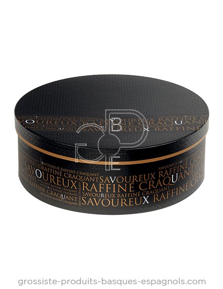 Coffret carton" Savoureux" Rond noir et cuivre vide 33.5x12