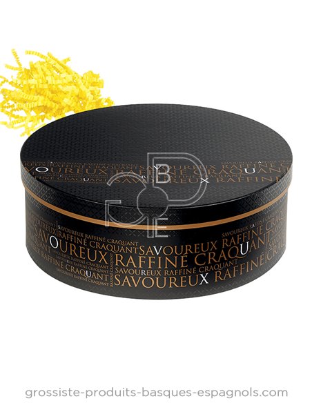 Coffret carton" Savoureux" Rond noir et cuivre vide 33.5x12
